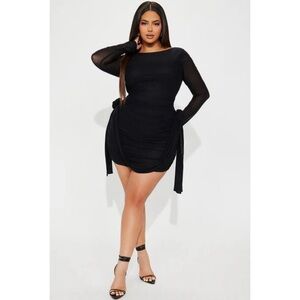 NWT Fashion Nova Ruched Rosette Long Sleeve Black Mesh Mini Dress Plus Size 2X